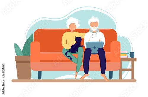 Old couple Stay at home. Senior Man and woman sitting on sofa with laptop. Pensioners with cat. Elderly people during coronavirus outbreak concept. Vector Illustration in flat style
