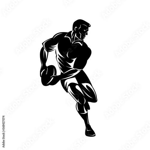 Rugby Player Passing the Ball Viewed from Front Retro Woodcut Black and White