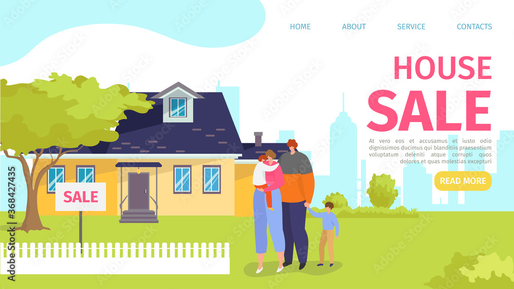 Home property sale, family near house building vector illustration. Flat real estate purchase, cartoon banner with people character. Residential sell business landing page, internet website.