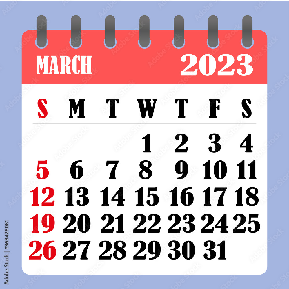 Letter calendar for March 2023. The week begins on Sunday. Time