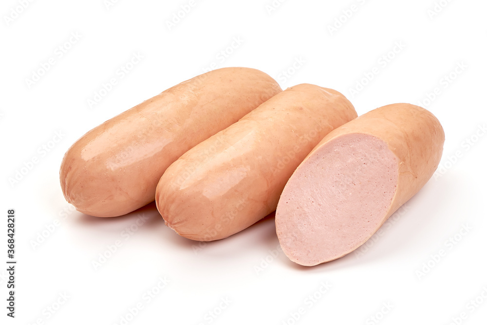Boiled pork sausages, isolated on white background Boiled pork sausages, isolated on white background