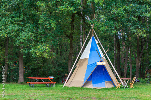 Colorful campsite with teepee or wigwam tents in green area