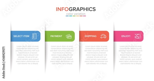 Concept of shopping process with 4 successive steps. Four colorful graphic elements. Timeline design for brochure, presentation, web site. Infographic design layout. © shendart