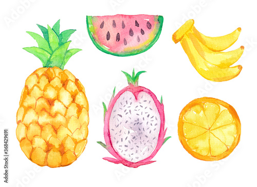 Fototapeta Naklejka Na Ścianę i Meble -  Watercolor set of tropical fruits of pineapple, watermelon, pitaya, banana and citrus.  Food concept. Hand drawn illustration isolated on white background.