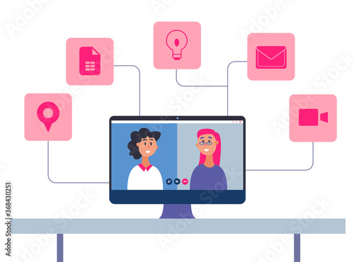 Two girls having video call on computer. Quarantine or people in Isolation during a lockdown concept