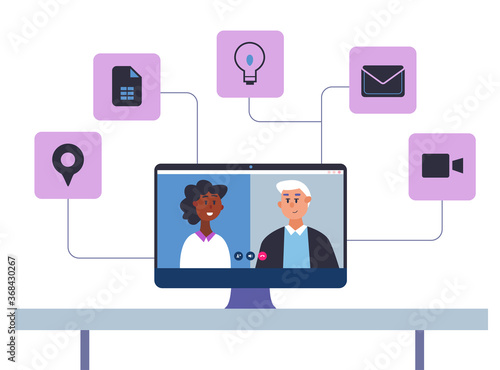 Woman with her old father having video call on computer. Quarantine or people in Isolation during a lockdown concept