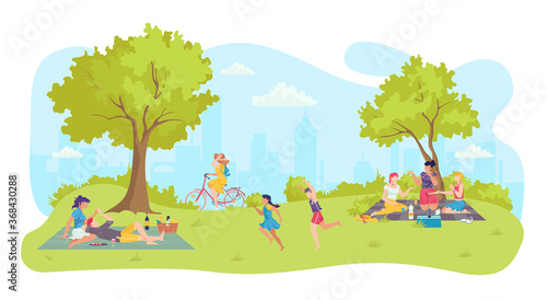 People at cartoon picnic, happy park leisure vector illustration. Summer nature landscape and family lifestyle at outdoor city. Flat man woman activity near tree, group character weekend design.
