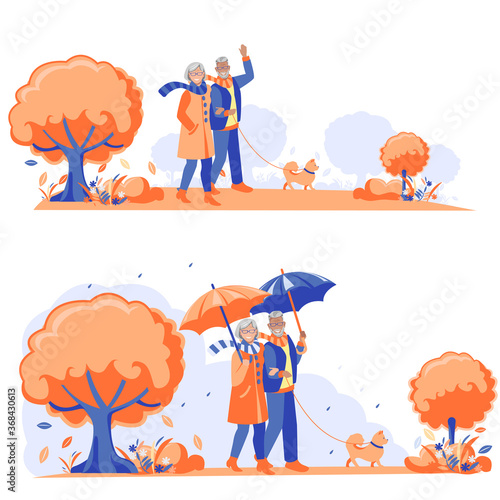 Happy elderly couple walks with a dog in an autumn park in rainy and warm weather. Retired active people. Vector set of flat illustrations in cartoon style.
