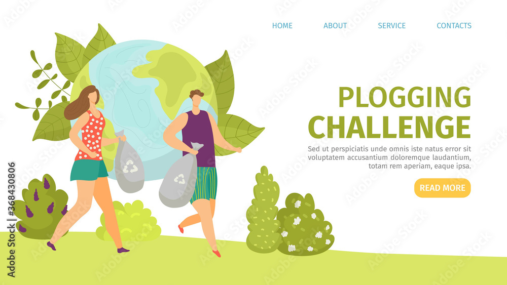 Plogging challenge, ecology bag with environment garbage vector illustration. Man woman jogging and pick up trash for eco recycle. Plogger marathon, environmental protection and sport. Plogging challenge, ecology bag with environment garbage vector illustration. Man woman jogging and pick up trash for eco recycle. Plogger marathon, environmental protection and sport.