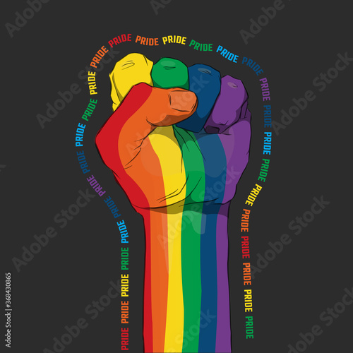 Raised fist with colors of LGBT flag for liberty and tolerance on a white background. LGBT pride month
