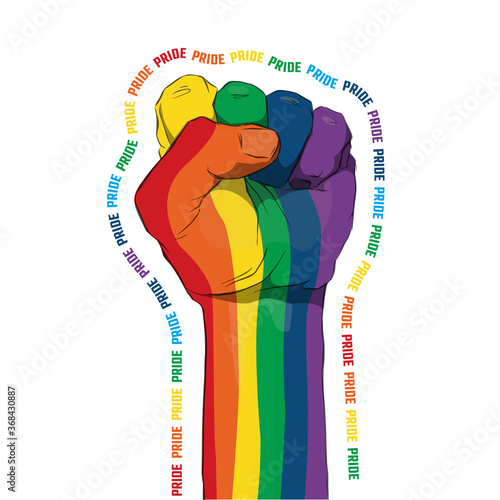 Raised fist with colors of LGBT flag for liberty and tolerance on a white background. LGBT pride month