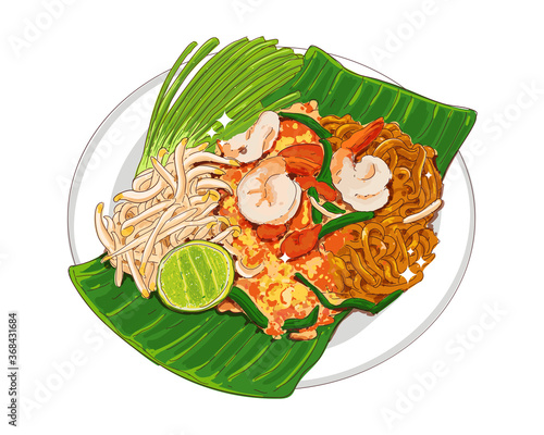 Pad thai or padthai noodle with delicious thai food isolated on white background. photo