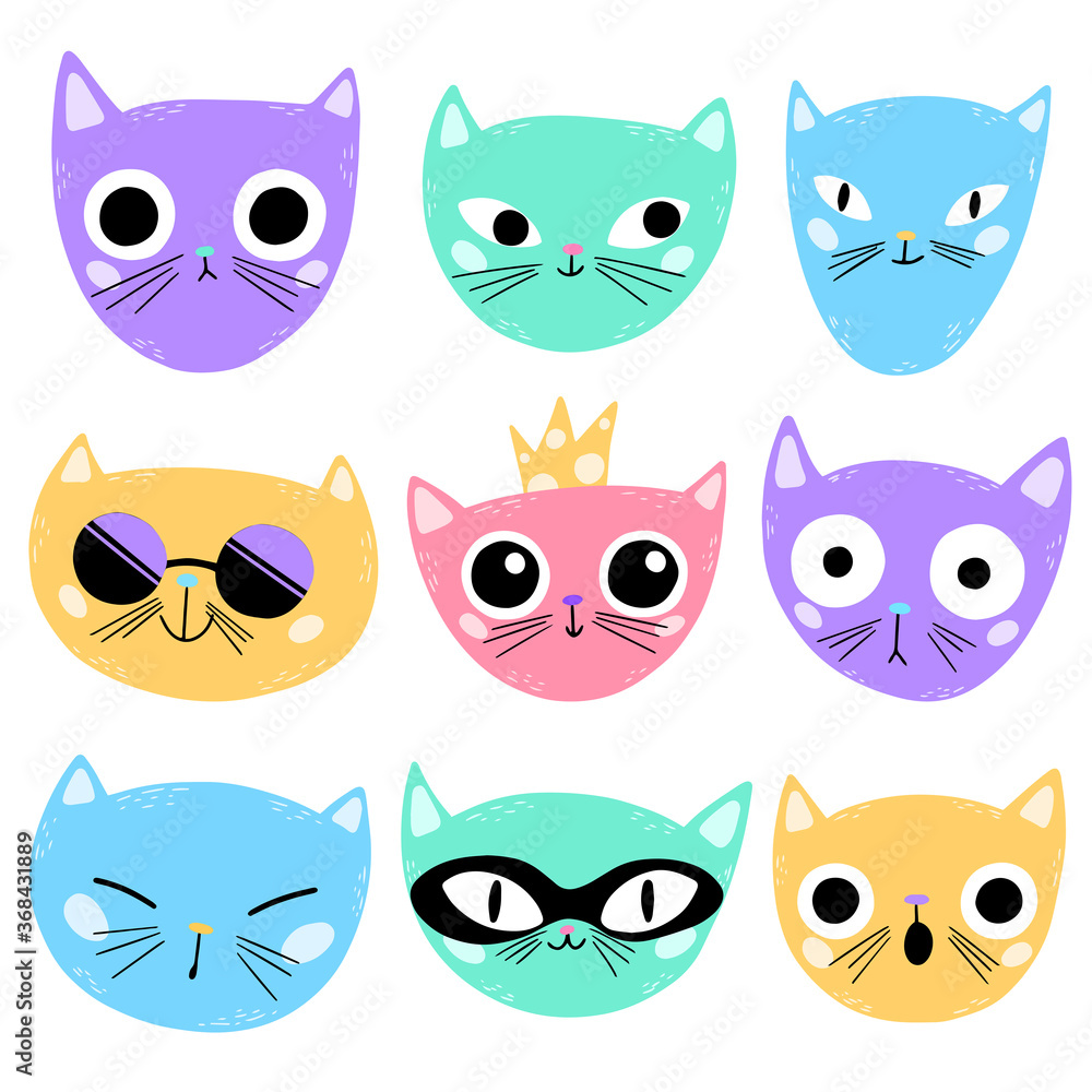 Naklejka Vector illustration of cute cartoon cats faces isolated on white background. Multi-colored cats emotions in a primitive style.