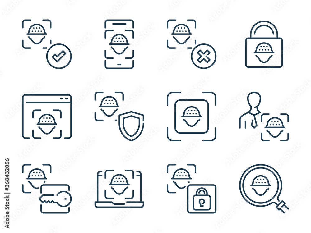 Fototapeta premium Face Recognition related vector line icon set. Facial Identity outline icons. Face Scan icon collection.