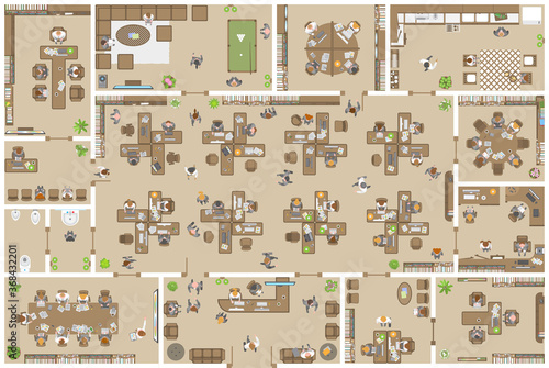 Office. Top view. People at work.
Office room, meeting room, reception, restroom, office furniture, cabinets, desks, chairs, computers. View from above.