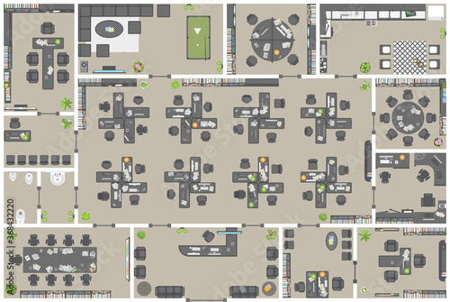 Office. Top view.
Working space. 
Office room, meeting room, reception, restroom, office furniture, cabinets, desks, chairs, computers. View from above.