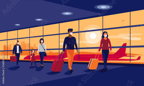 Passengers people traveler wearing face masks walking at airport gate terminal lounge traveling on holiday during pandemic outbreak. Airplanes behind glass window. New normal safe travel vacation.