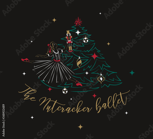 Clara with a Nutcracker near the Christmas tree. Ballet poster concept illustration