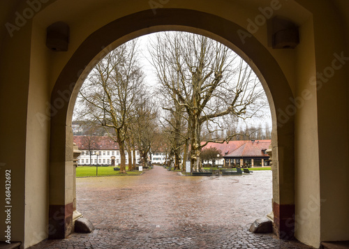 The view of buildings and dry trees from behind an arch, in Bad Mergentheim, Germany. photo