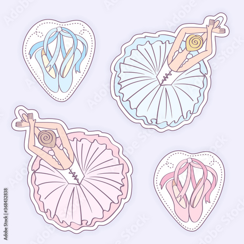 Ballerina in “dying swan” position. Top view illustration. Pair of pointe shoes with ribbons in the shape of heart. Dance stickers set in retro style