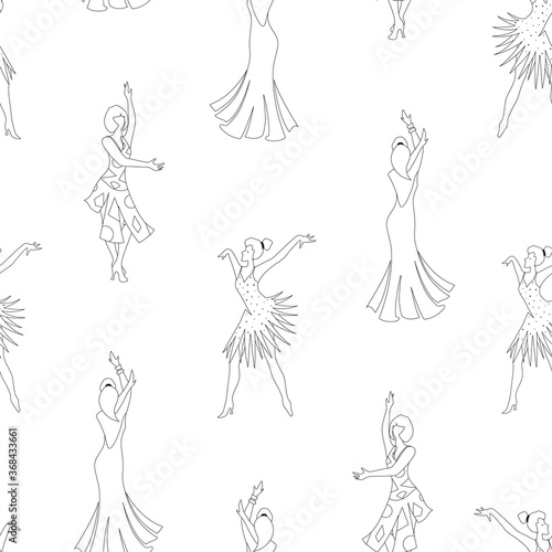 Seamless pattern with women dancing salsa, rumba, flamenco. Colored page background in black and white. Linear illustration