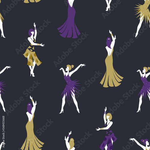 Seamless pattern with ballroom Latin women dancers