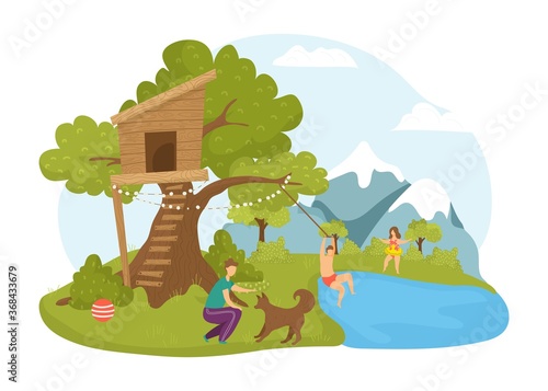 Children activity at tree house  summer nature vector illustration. Boy girl character in cartoon happy childhood at park landscape. People in wood treehouse  play near cute building.