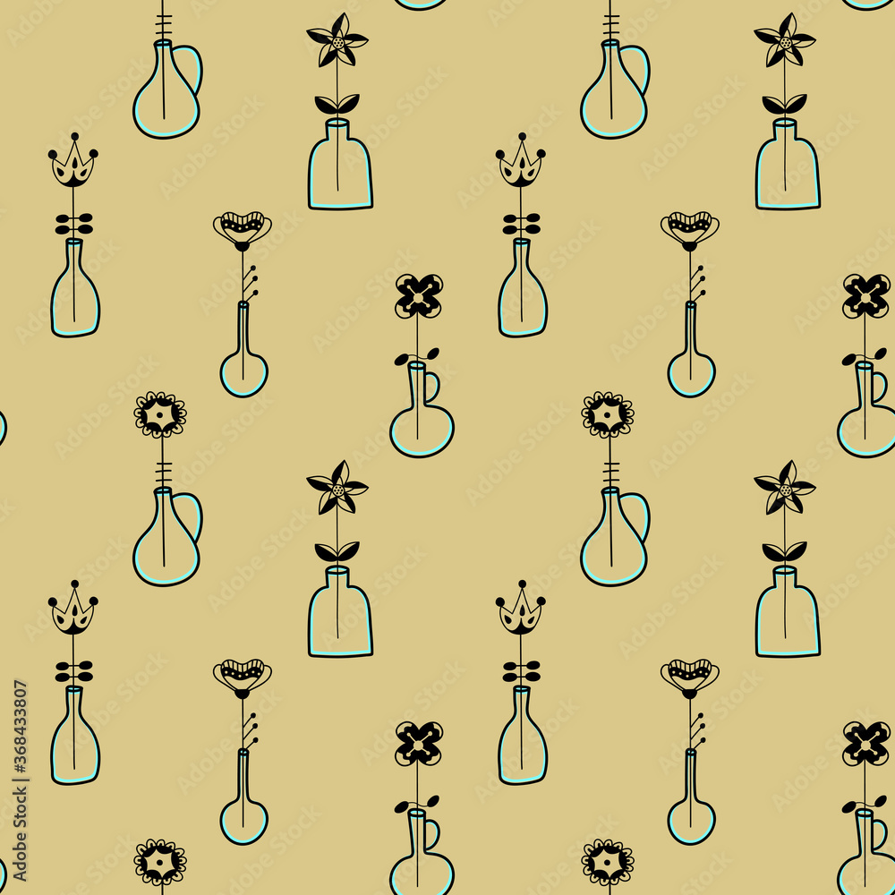 Seamless pattern of flowers in vases. Stylized fantasy flowers in Scandinavian style in glass transparent vases on a bronze background. Vector illustration. Seamless pattern of flowers in vases. Stylized fantasy flowers in Scandinavian style in glass transparent vases on a bronze background. Vector illustration.