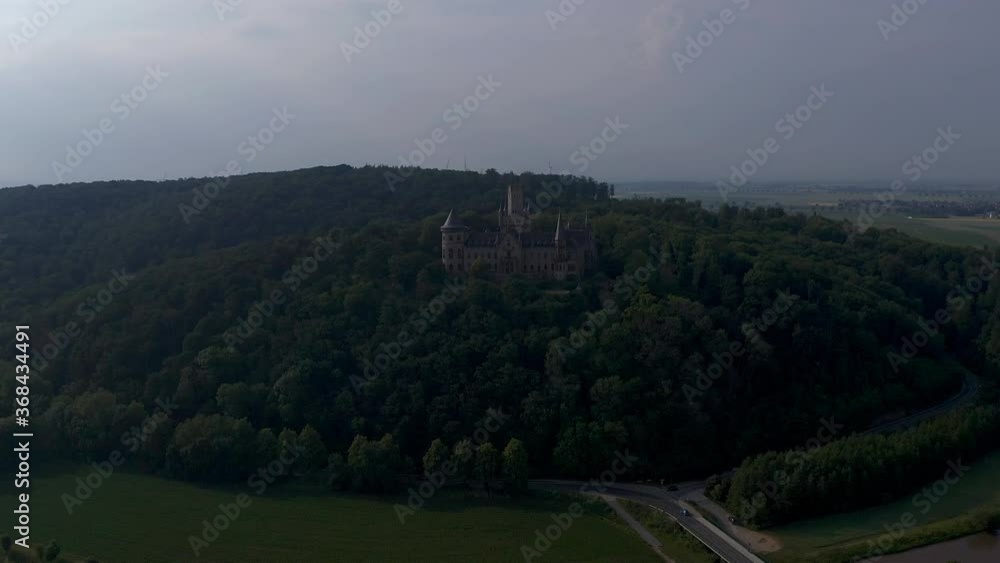 Drone flight over castle Marienburg in Lower Saxony landscape, Germany Drone flight over castle Marienburg in Lower Saxony landscape, Germany