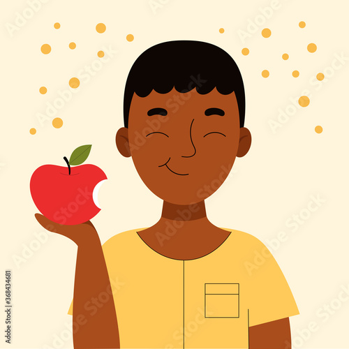 Cute smiling african boy eating an apple. School snack, healthy food, fruit diet, vitamins for children. Flat vector cartoon stock illustration