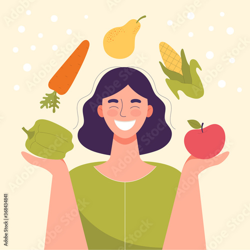 Smiling woman with vegetables and fruits in his hands.Healthy food,concept of diet,raw food diet,vegetarian.Apple,pear,pepper,carrot,corn are circling on the person.Flat cartoon vector illustration