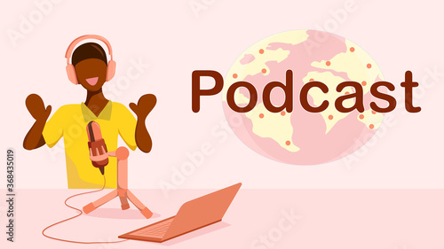Black male Podcast speaker with microphone and earphone. Podcast or broadcast or live video concept spreading online world wide. Vector illustration, flat design