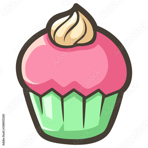 Cute strawberry cupcakes with cream and green cupcake wrapper cartoon clipart. Isolated on white background. Decoration, Illustration, Sticker and pattern. photo