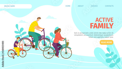 Active family landing vector Illustration. Parents with their child travel on bicycles. Summer outdoor recreation and joyful communication. Fun adventure in countryside at weekend, family together.