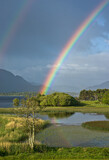 A genuine Irish double rainbow is reflected in the waters of Lough Leane, Killarney, Ireland, with the misty Kerry mountains in the background. Green bushes, reeds and rushes surround the lake shore.