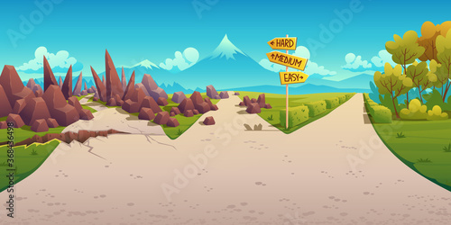 Choice of way between hard, medium and easy. Landscape with road fork sign pointing on curvy path with crack, rocks and straight simple road. Problem of choosing direction, Cartoon vector illustration