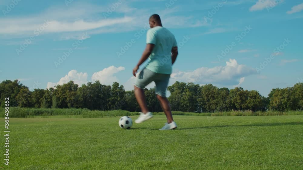 Happy carefree african american father and cute excited little mixed race son with curly hair practicing, playing football on green field on sunny day while spending leisure together in summer nature. Happy carefree african american father and cute excited little mixed race son with curly hair practicing, playing football on green field on sunny day while spending leisure together in summer nature.