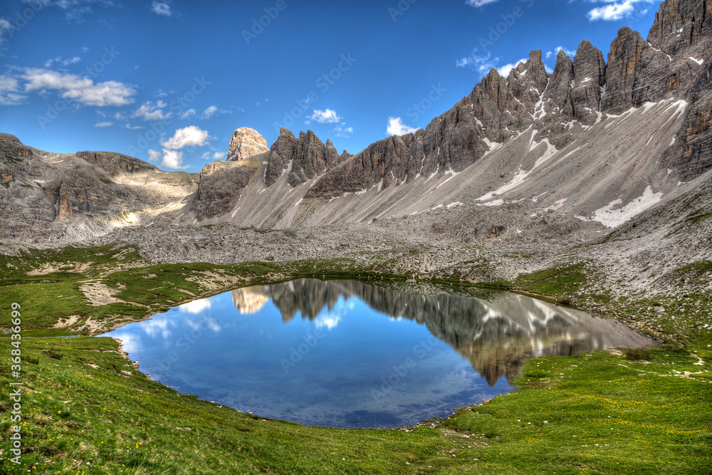 A reflection of the surrounding mountains in the lake 