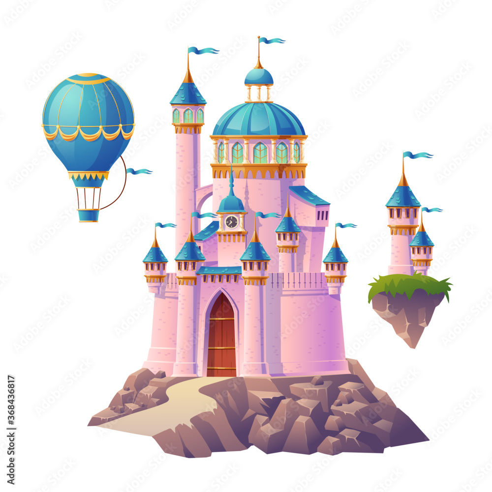 Pink magic castle, princess or fairy palace, air balloon and flying turrets  with flags. Fantasy royal fortress, cute medieval architecture isolated on  white background. Cartoon vector illustration Stock Vector | Adobe Stock