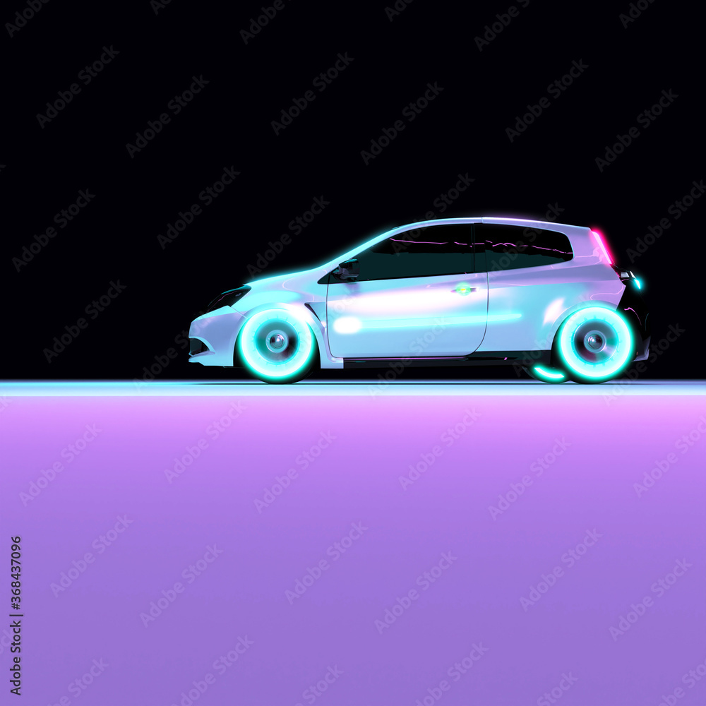 Luxurious Futuristic Electric Compact City Car Rides on Neon Road in the Dark with Copy Space. 3D Render.