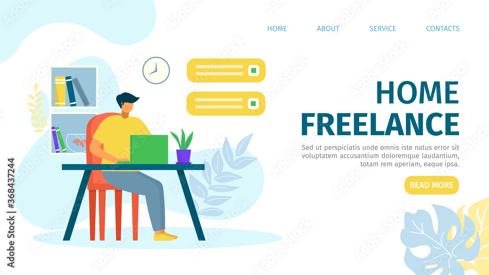 Home freelance landing vector illustration. Modern lifestyle template page, professionall work online at Internet. Man sitting at laptop. Comfortable workplace for creativity designer.