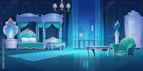 Night bedroom, baroque style interior, vintage room with luxury furniture bed with canopy, lamp, wardrobe, mirror, table and armchair, dark apartment with open balcony door cartoon vector illustration