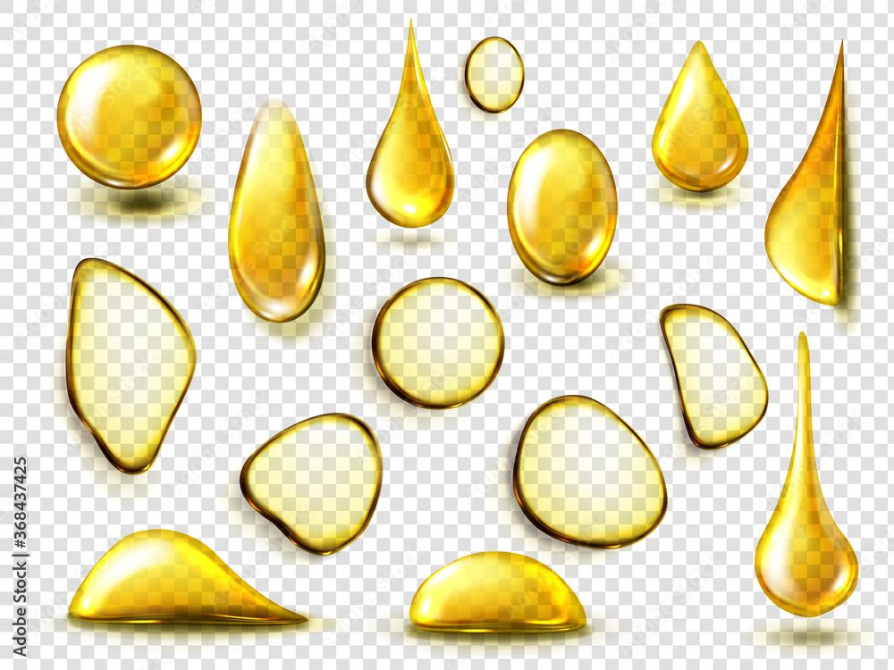 Golden drops and stains of oil or honey isolated on transparent