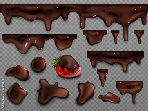 Dripping melted chocolate isolated on transparent background. Vector realistic set of drops, stains, blobs and flow of cocoa cream. Strawberry in dark liquid chocolate