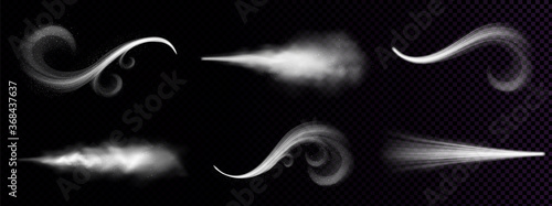 Wind blowing or dust spray, ornate white smoke, powder or water drops trail. Flow mist, smoky stream, steaming chemical or cosmetics product vapour, haze. Realistic 3d vector isolated clip art set