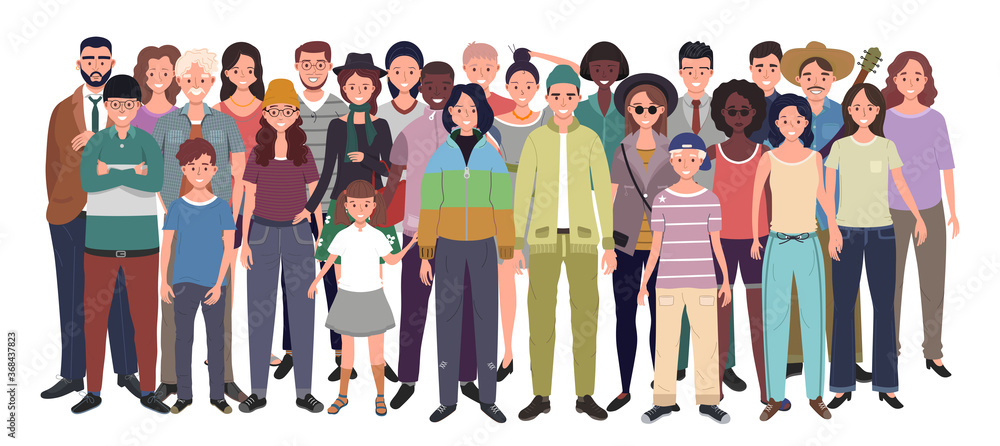 Multinational group of people isolated on white background. Children, adults and teenagers stand together. Vector illustration 