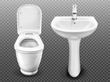 White toilet bowl and sink for bathroom, modern WC or restroom. Vector realistic ceramic wash basin with tap and lavatory with flush tank and open seat lid isolated on transparent background