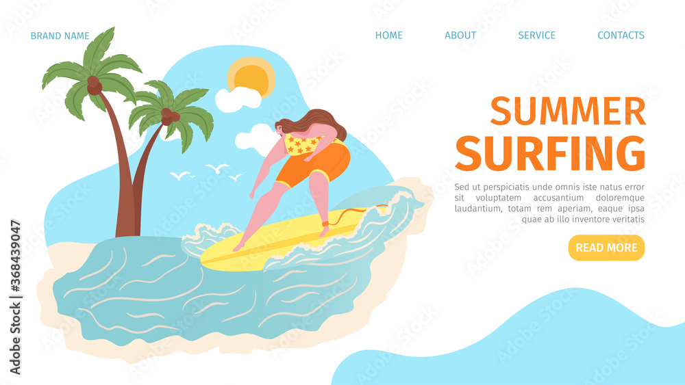 Summer wave sport, woman at beach surfing vector illustration. Ocean surf vacation, travel at sea by board landing banner page. Cartoon surfboard in water, tropical template background design.