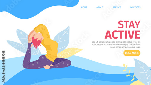 Yoga lifestyle sport, vector illustration. Woman character do exercise, flat girl person activity with asana pose and meditation. Heath balance and workout active female training, body relaxation.