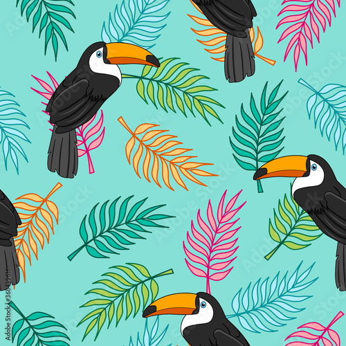 Tropical seamless pattern with toucans and colorful palm tree leaves on turquoise background. Great for wallpaper, backgrounds, invitations, packaging, design projects, textile scrapbooking